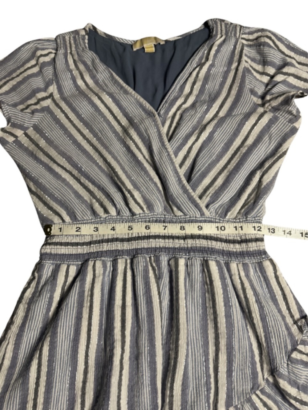MICHAEL MICHAEL KORS Blue Smocked Ruffled Lined Striped Wrap Dress Large - Picture 6 of 13